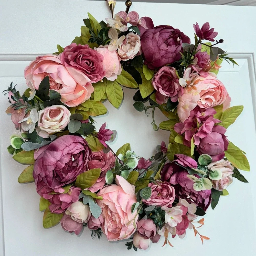 New Pink Burgundy Peony Rose Floral Wreath Door Hanging Spring Shabby Chic Glam